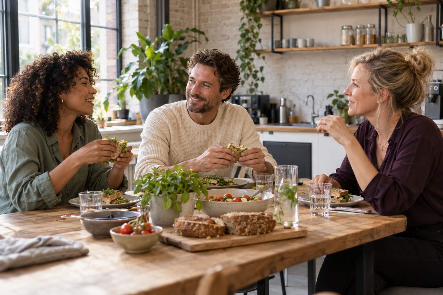 Drie collega’s lunchen samen aan een houten tafel.