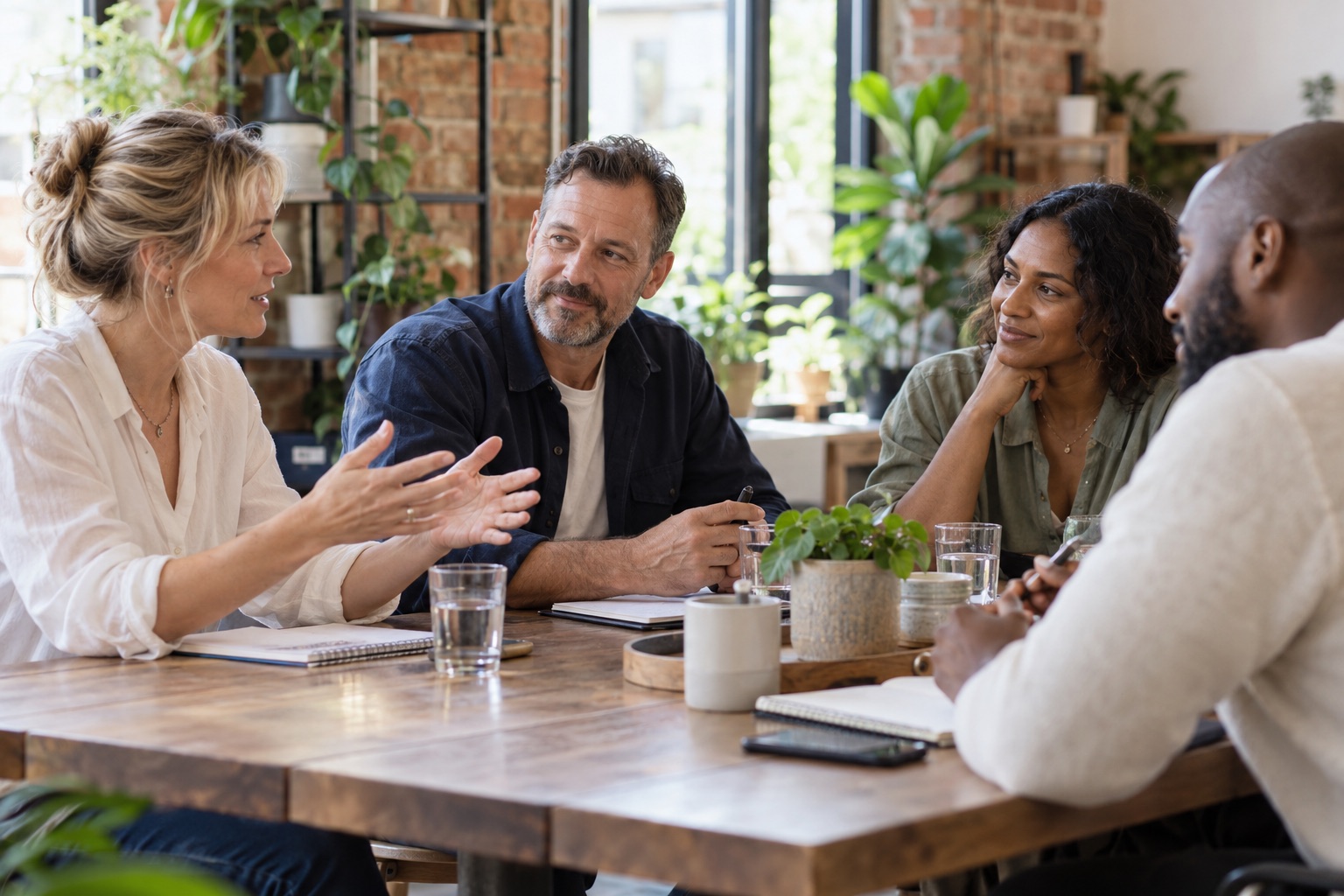 Collega’s bespreken hun plannen aan een tafel.